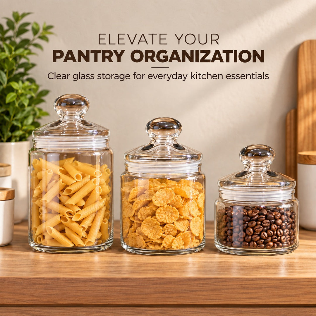 3-Piece Glass Storage Jar Set with Lids, Clear Pantry Containers with Wide Opening, Multipurpose Kitchen Organizer for Pasta, Coffee, Nuts, Snacks & More