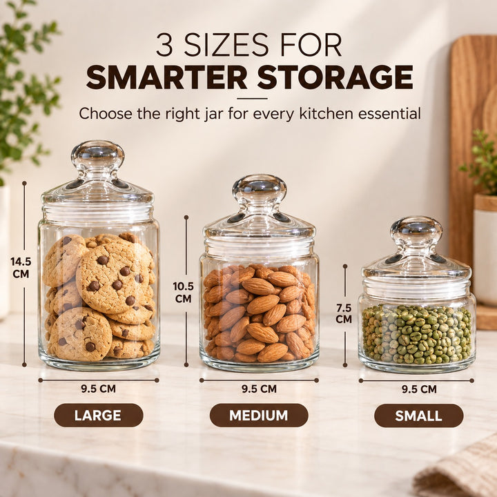 3-Piece Glass Storage Jar Set with Lids, Clear Pantry Containers with Wide Opening, Multipurpose Kitchen Organizer for Pasta, Coffee, Nuts, Snacks & More