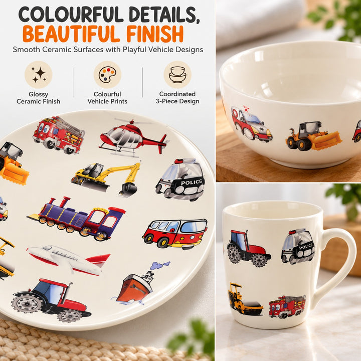 3 Piece Ceramic Dinnerware Set with Plate, Bowl & Mug, Colourful Ocean Sea Life Design, Fish, Turtle, Crab & Starfish Pattern, Breakfast Dining Set for Everyday Meals, Snacks, Cereal & Drinks