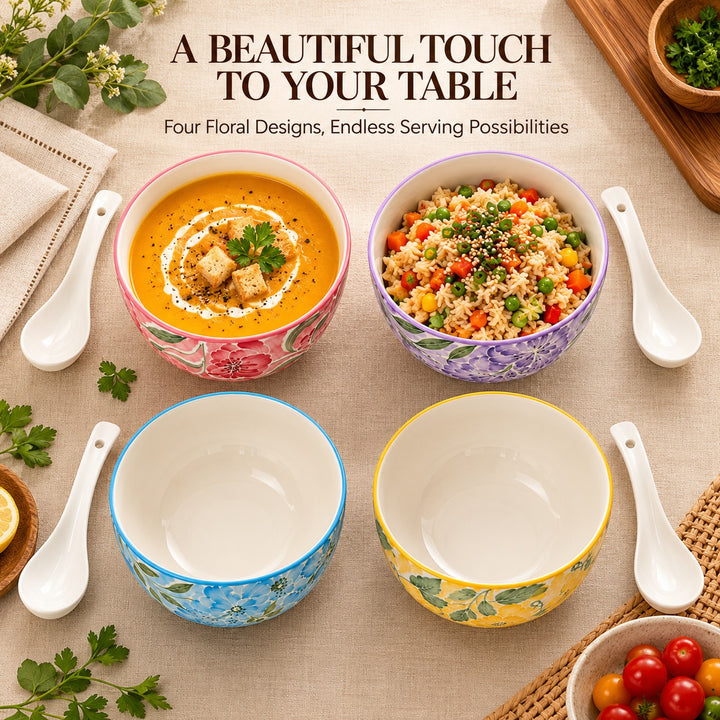 Ceramic Soup Bowl Set of 4 with Matching Spoons, Floral Pattern Rice Bowls, Decorative Serving Bowls for Soup, Noodles, Cereal, Salad, Dessert & Snacks, Assorted Colours