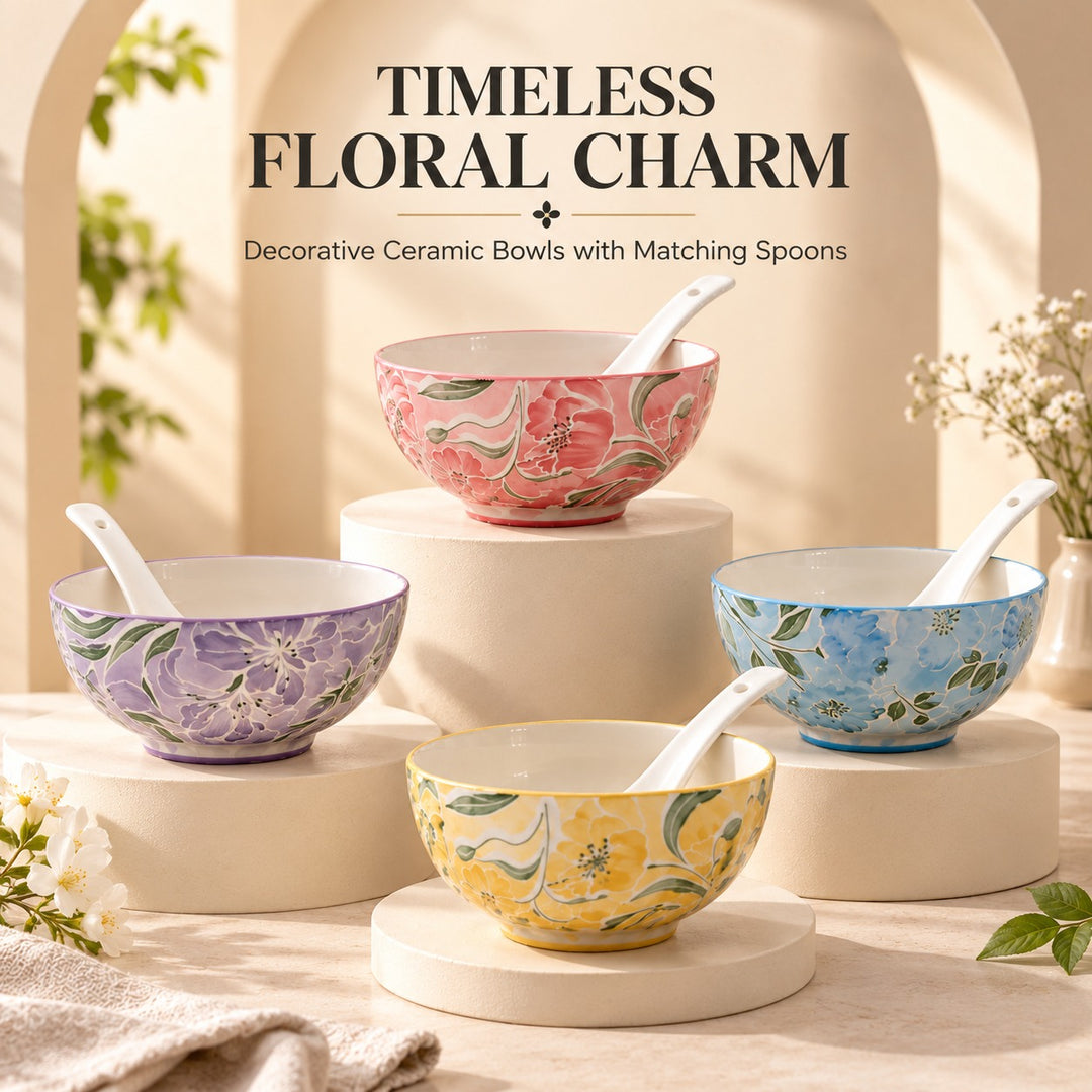 Ceramic Soup Bowl Set of 4 with Matching Spoons, Floral Pattern Rice Bowls, Decorative Serving Bowls for Soup, Noodles, Cereal, Salad, Dessert & Snacks, Assorted Colours