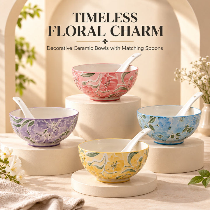 Ceramic Soup Bowl Set of 4 with Matching Spoons, Floral Pattern Rice Bowls, Decorative Serving Bowls for Soup, Noodles, Cereal, Salad, Dessert & Snacks, Assorted Colours