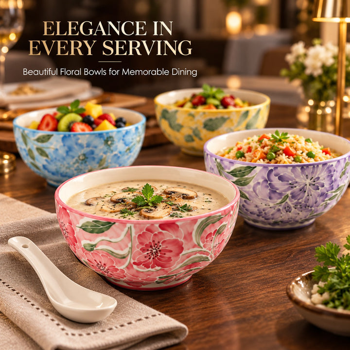 Ceramic Soup Bowl Set of 4 with Matching Spoons, Floral Pattern Rice Bowls, Decorative Serving Bowls for Soup, Noodles, Cereal, Salad, Dessert & Snacks, Assorted Colours