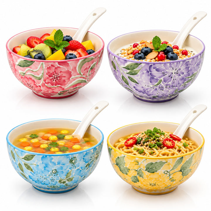 Ceramic Soup Bowl Set of 4 with Matching Spoons, Floral Pattern Rice Bowls, Decorative Serving Bowls for Soup, Noodles, Cereal, Salad, Dessert & Snacks, Assorted Colours