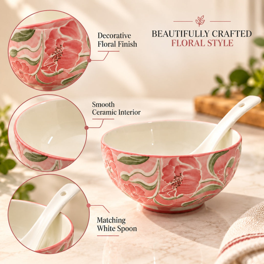 Ceramic Soup Bowl Set of 4 with Matching Spoons, Floral Pattern Rice Bowls, Decorative Serving Bowls for Soup, Noodles, Cereal, Salad, Dessert & Snacks, Assorted Colours