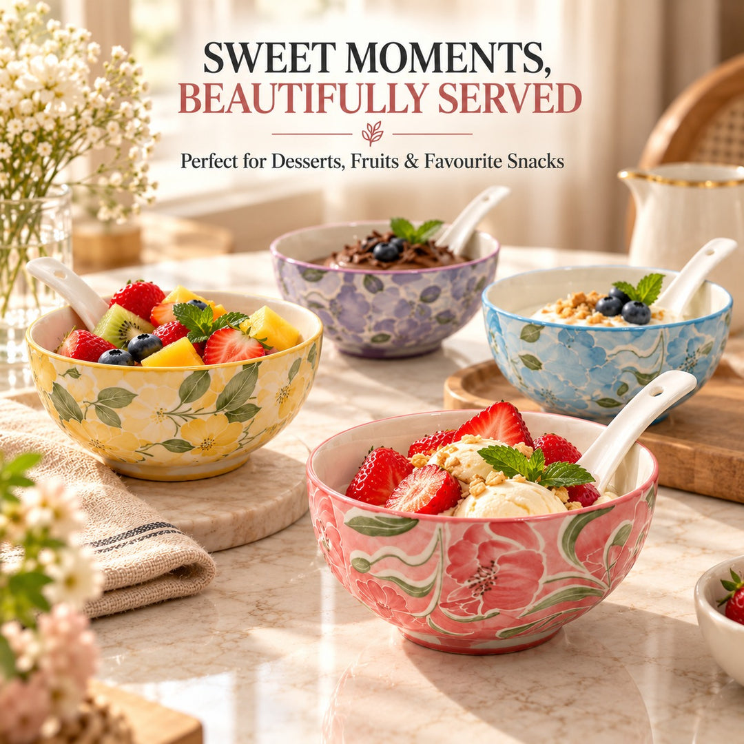 Ceramic Soup Bowl Set of 4 with Matching Spoons, Floral Pattern Rice Bowls, Decorative Serving Bowls for Soup, Noodles, Cereal, Salad, Dessert & Snacks, Assorted Colours