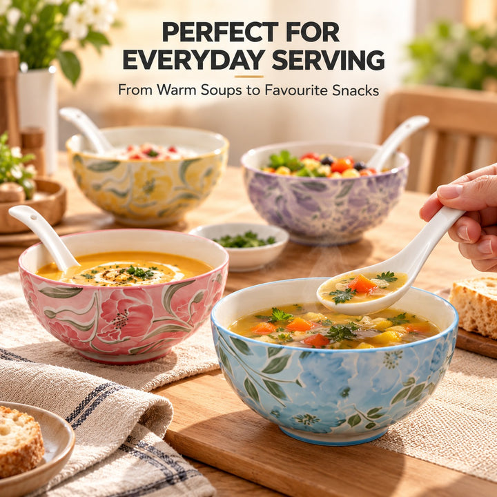 Ceramic Soup Bowl Set of 4 with Matching Spoons, Floral Pattern Rice Bowls, Decorative Serving Bowls for Soup, Noodles, Cereal, Salad, Dessert & Snacks, Assorted Colours