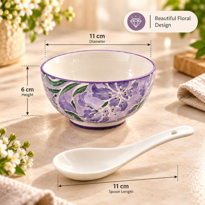 Ceramic Soup Bowl Set of 4 with Matching Spoons, Floral Pattern Rice Bowls, Decorative Serving Bowls for Soup, Noodles, Cereal, Salad, Dessert & Snacks, Assorted Colours
