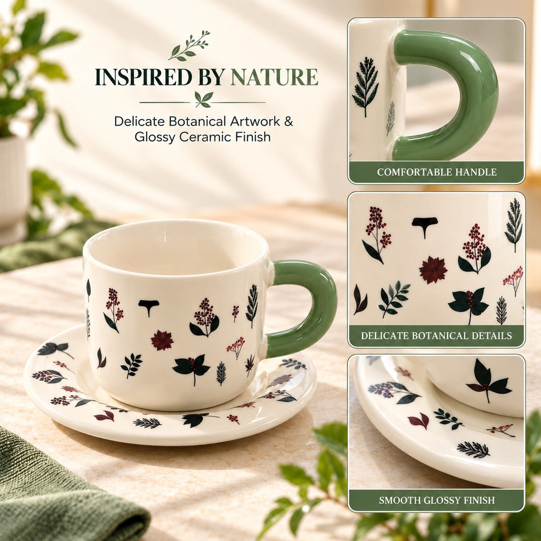 Ceramic Coffee Cup and Saucer Set, Tea Cup with Handle, Elegant White Porcelain Style Cup and Matching Saucer with Botanical Floral Design for Coffee, Tea, Cappuccino and Home Serving