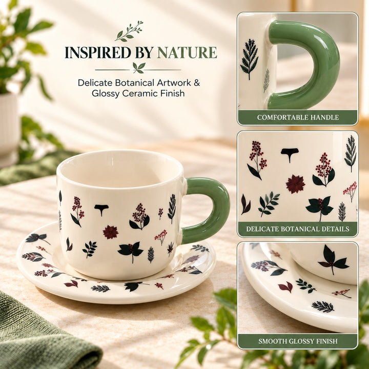 Ceramic Coffee Cup and Saucer Set, Tea Cup with Handle, Elegant White Porcelain Style Cup and Matching Saucer with Botanical Floral Design for Coffee, Tea, Cappuccino and Home Serving