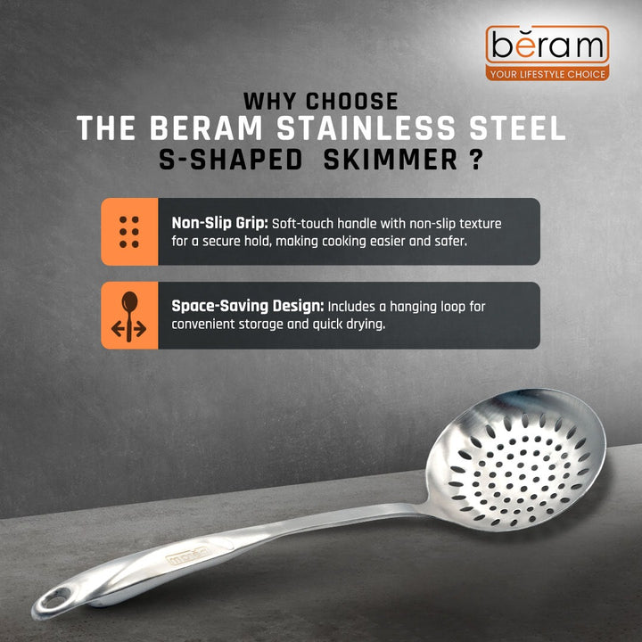 BERAM Cooking S Shaped Skimmer Food Strainer 304 Stainless Steel Spatula Kitchen Utensil Spoon 100% Food Grade Compact Lightweight
