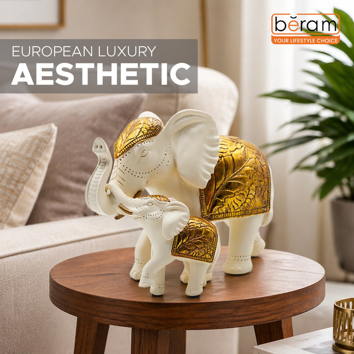 BERAM Royal Elephant Figurines Set of 2 Resin Elephant Statues with Gold Accents Lucky Trunk Up Elephant Décor for Living Room Bedroom Office and Home Decoration Perfect Housewarming Gift