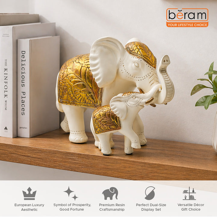 BERAM Royal Elephant Figurines Set of 2 Resin Elephant Statues with Gold Accents Lucky Trunk Up Elephant Décor for Living Room Bedroom Office and Home Decoration Perfect Housewarming Gift