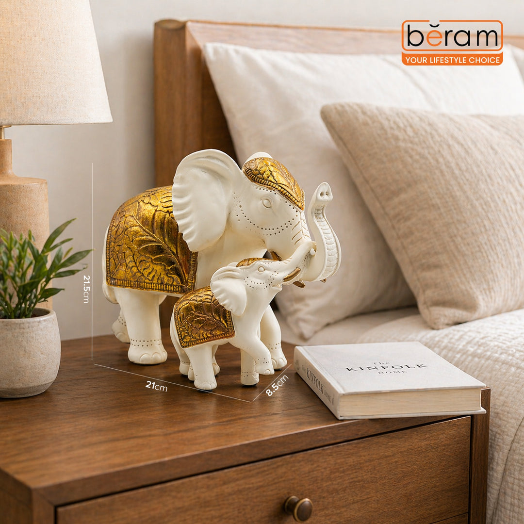 BERAM Royal Elephant Figurines Set of 2 Resin Elephant Statues with Gold Accents Lucky Trunk Up Elephant Décor for Living Room Bedroom Office and Home Decoration Perfect Housewarming Gift