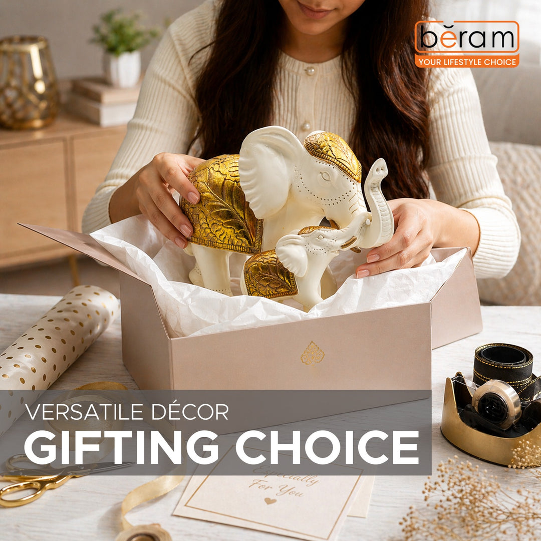 BERAM Royal Elephant Figurines Set of 2 Resin Elephant Statues with Gold Accents Lucky Trunk Up Elephant Décor for Living Room Bedroom Office and Home Decoration Perfect Housewarming Gift