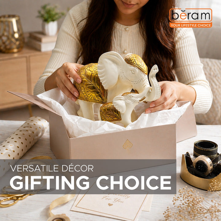 BERAM Royal Elephant Figurines Set of 2 Resin Elephant Statues with Gold Accents Lucky Trunk Up Elephant Décor for Living Room Bedroom Office and Home Decoration Perfect Housewarming Gift