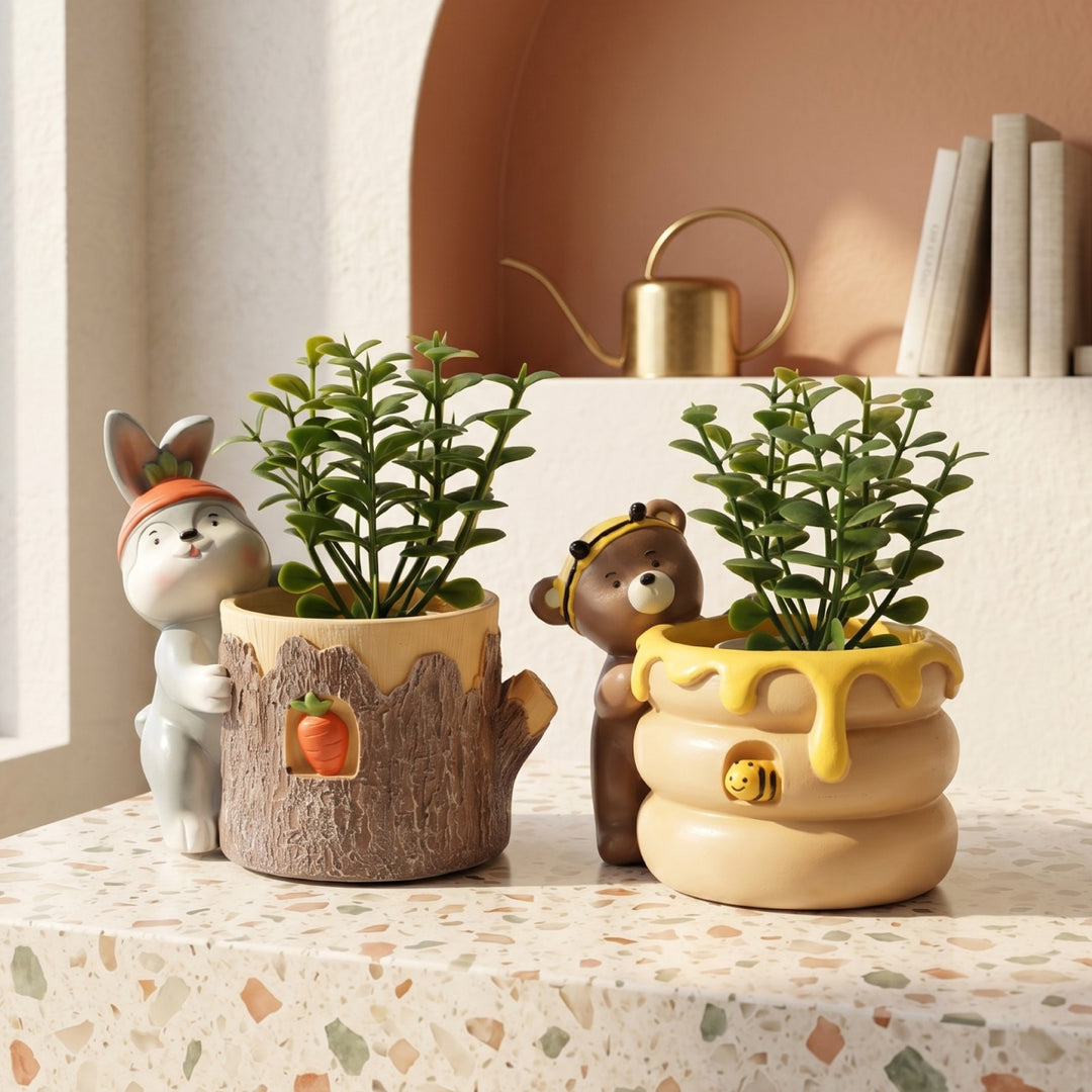 Animal Fruit Harvest Flower Pot Bunny Carrot and Bear Honey Bee Set Polyresin Cute Animal Succulent Planters Decorative Tree Trunk and Honey Pot Vase Desk Flower Pot Pen Pencil Holder Propagator Kit Indoor Outdoor Home Garden Decor