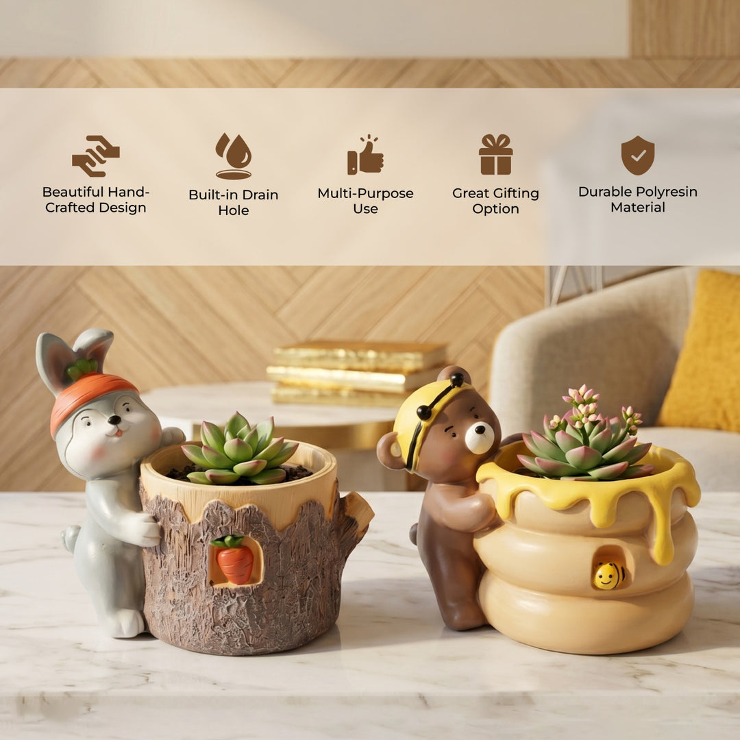 Animal Fruit Harvest Flower Pot Bunny Carrot and Bear Honey Bee Set Polyresin Cute Animal Succulent Planters Decorative Tree Trunk and Honey Pot Vase Desk Flower Pot Pen Pencil Holder Propagator Kit Indoor Outdoor Home Garden Decor
