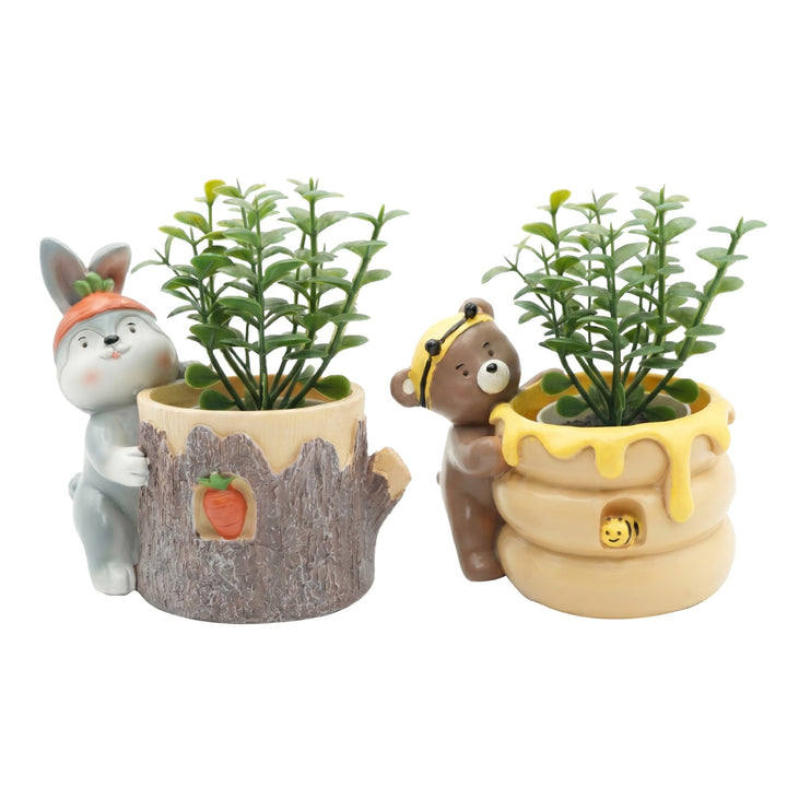 Animal Fruit Harvest Flower Pot Bunny Carrot and Bear Honey Bee Set Polyresin Cute Animal Succulent Planters Decorative Tree Trunk and Honey Pot Vase Desk Flower Pot Pen Pencil Holder Propagator Kit Indoor Outdoor Home Garden Decor