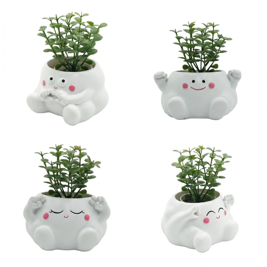 Clouds 4Pcs Set O Heart Sooper Victory Polyresin Cute Smiling Cloud Succulent Planter Decorative Mini Vase Indoor Outdoor Home Office Desk Decor Pen Pencil Holder Propagator Kit