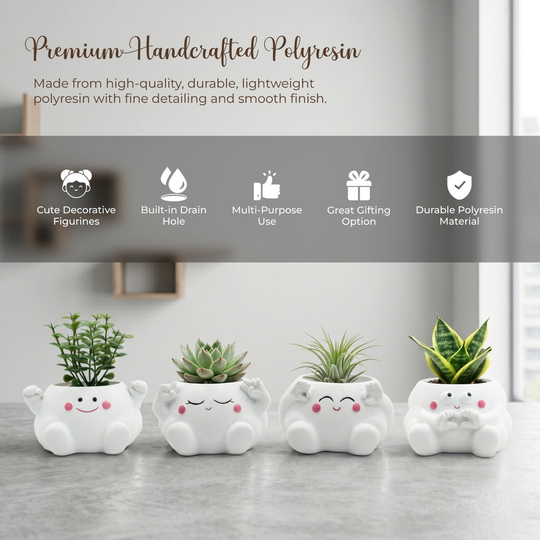 Clouds 4Pcs Set O Heart Sooper Victory Polyresin Cute Smiling Cloud Succulent Planter Decorative Mini Vase Indoor Outdoor Home Office Desk Decor Pen Pencil Holder Propagator Kit