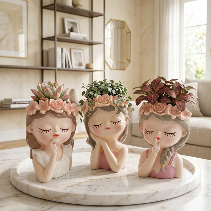 Fairy 3PCS Set Think Sleep Shhh Polyresin Decorative Succulent Planter Cute Fairy Girl Flower Pot Tabletop Vase Pen Pencil Holder Propagator Kit Indoor Outdoor Home Office Desk Decor