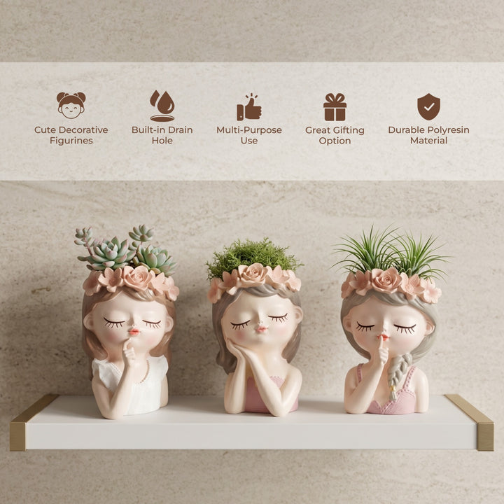 Fairy 3PCS Set Think Sleep Shhh Polyresin Decorative Succulent Planter Cute Fairy Girl Flower Pot Tabletop Vase Pen Pencil Holder Propagator Kit Indoor Outdoor Home Office Desk Decor