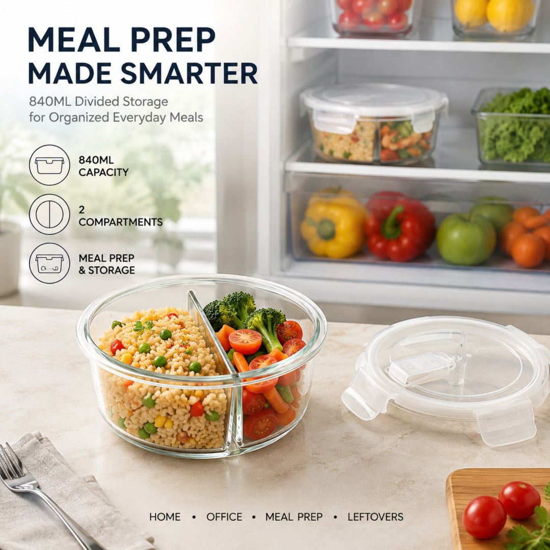 Glass Food Storage Container with Airtight Locking Lid Round 3 Compartment 850ml High Borosilicate Leakproof Meal Prep Lunch Box, Microwave Freezer Refrigerator Safe Glass Container for Food Storage