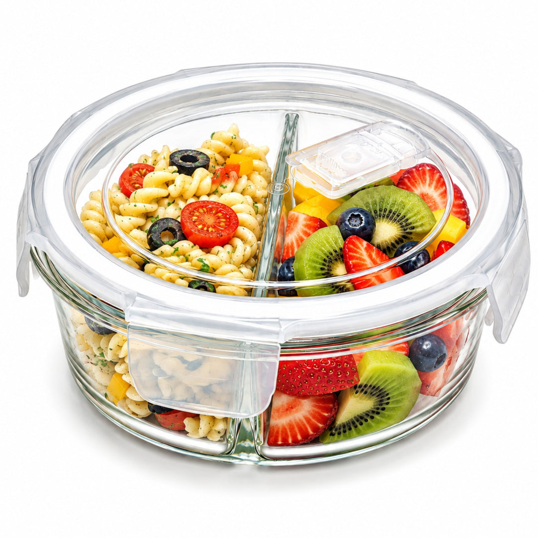 Glass Food Storage Container with Airtight Locking Lid Round 3 Compartment 850ml High Borosilicate Leakproof Meal Prep Lunch Box, Microwave Freezer Refrigerator Safe Glass Container for Food Storage