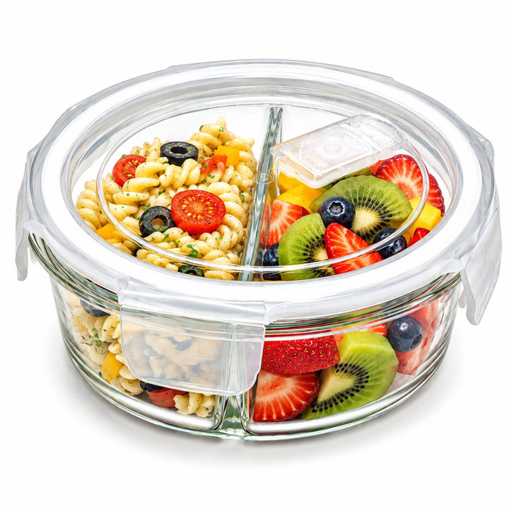 Glass Food Storage Container with Airtight Locking Lid Round 3 Compartment 850ml High Borosilicate Leakproof Meal Prep Lunch Box, Microwave Freezer Refrigerator Safe Glass Container for Food Storage