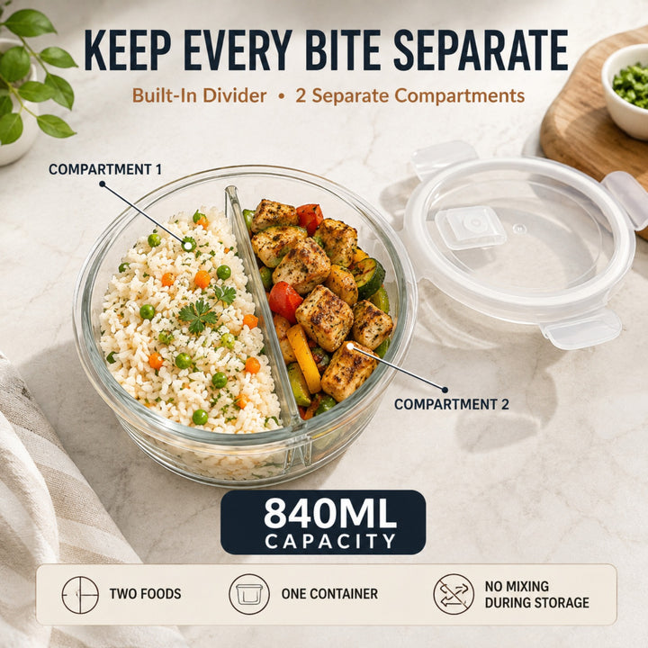 Glass Food Storage Container with Airtight Locking Lid Round 3 Compartment 850ml High Borosilicate Leakproof Meal Prep Lunch Box, Microwave Freezer Refrigerator Safe Glass Container for Food Storage