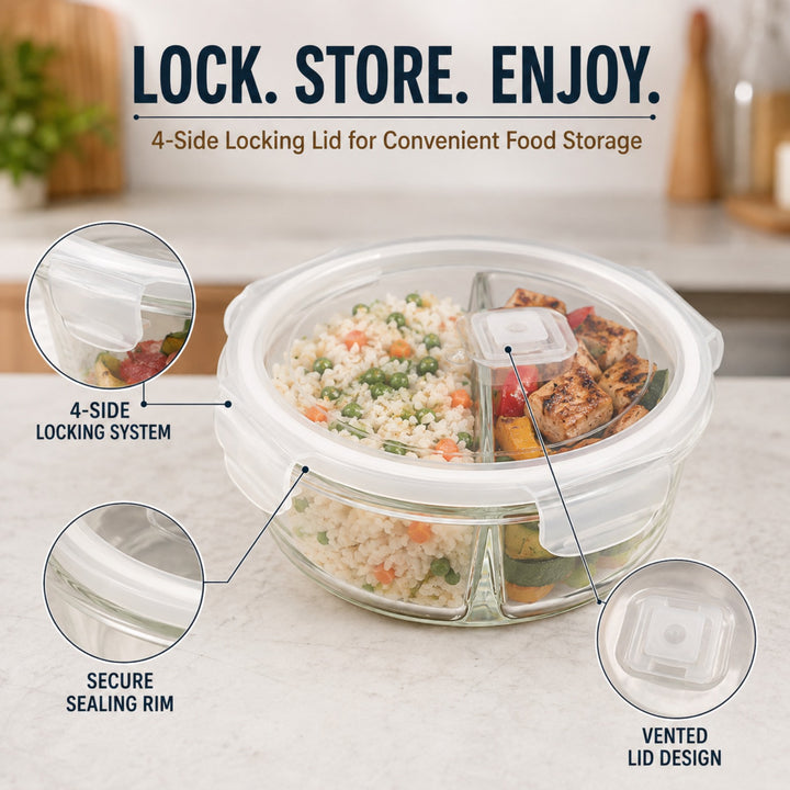 Glass Food Storage Container with Airtight Locking Lid Round 3 Compartment 850ml High Borosilicate Leakproof Meal Prep Lunch Box, Microwave Freezer Refrigerator Safe Glass Container for Food Storage