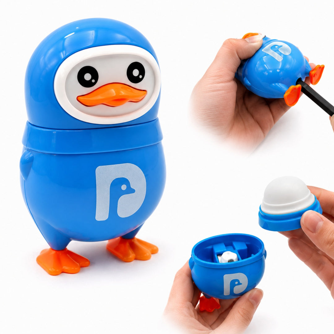 Penguin Pencil Sharpener with Eraser, 2-in-1 Cute Penguin-Shaped Pencil Sharpener, Built-In Pencil Shavings Container, Compact Stationery Sharpener for Students, School, Office & Drawing