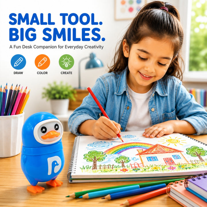 Penguin Pencil Sharpener with Eraser, 2-in-1 Cute Penguin-Shaped Pencil Sharpener, Built-In Pencil Shavings Container, Compact Stationery Sharpener for Students, School, Office & Drawing