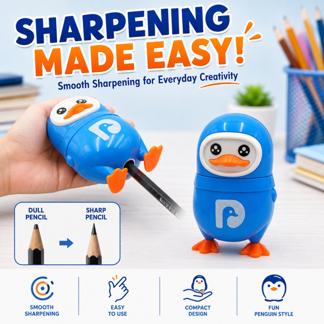 Penguin Pencil Sharpener with Eraser, 2-in-1 Cute Penguin-Shaped Pencil Sharpener, Built-In Pencil Shavings Container, Compact Stationery Sharpener for Students, School, Office & Drawing