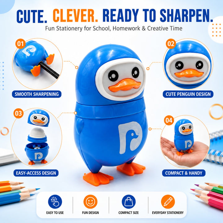 Penguin Pencil Sharpener with Eraser, 2-in-1 Cute Penguin-Shaped Pencil Sharpener, Built-In Pencil Shavings Container, Compact Stationery Sharpener for Students, School, Office & Drawing