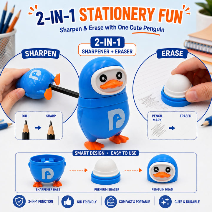 Penguin Pencil Sharpener with Eraser, 2-in-1 Cute Penguin-Shaped Pencil Sharpener, Built-In Pencil Shavings Container, Compact Stationery Sharpener for Students, School, Office & Drawing