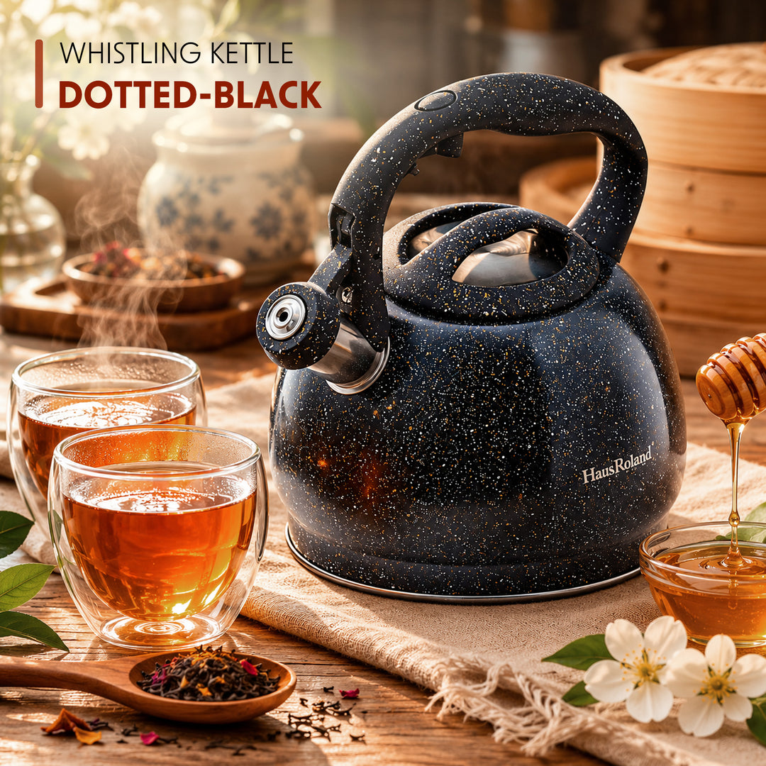 Haus Roland Whistling Kettle, Stovetop Tea Kettle, Stainless Teapot, 3 Liters with Dotted Grain Handles, Fast Boiling, Perfect for Homes, Picnics, and Parties