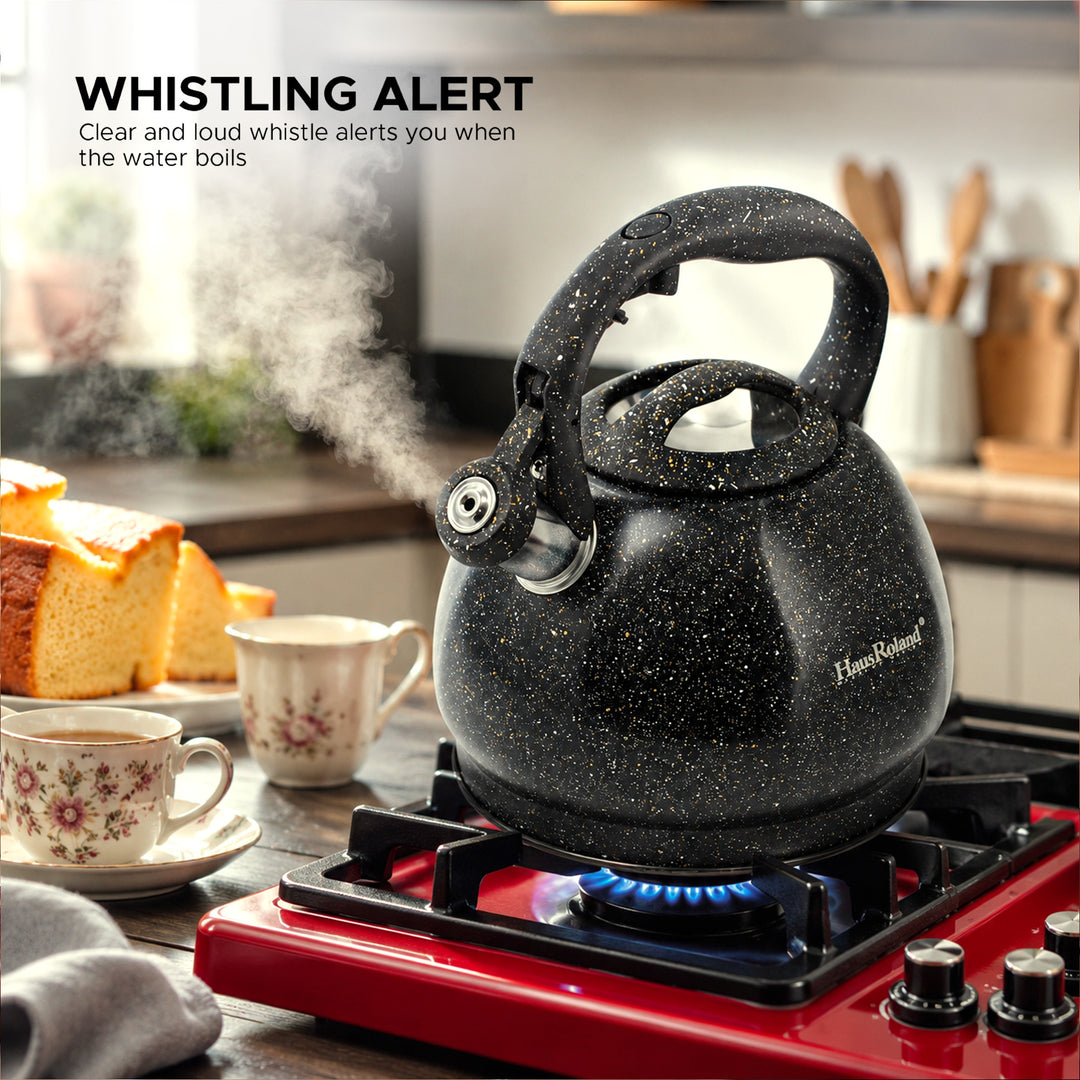 Haus Roland Whistling Kettle, Stovetop Tea Kettle, Stainless Teapot, 3 Liters with Dotted Grain Handles, Fast Boiling, Perfect for Homes, Picnics, and Parties