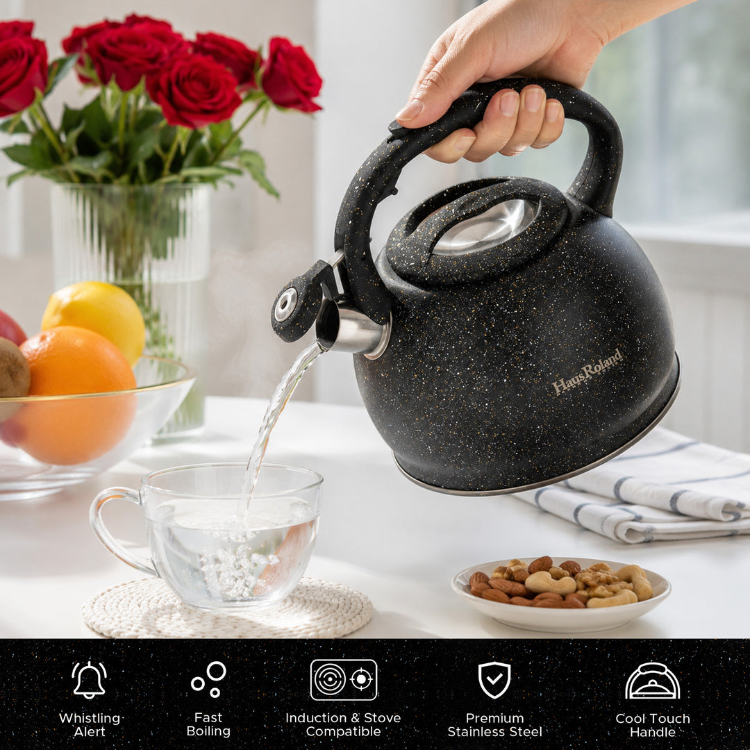 Haus Roland Whistling Kettle, Stovetop Tea Kettle, Stainless Teapot, 3 Liters with Dotted Grain Handles, Fast Boiling, Perfect for Homes, Picnics, and Parties