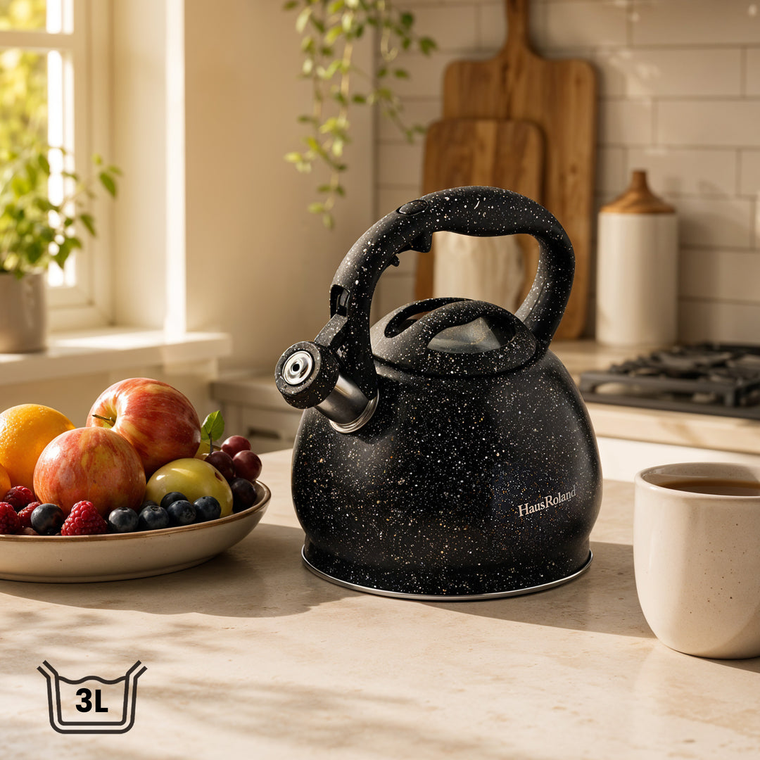 Haus Roland Whistling Kettle, Stovetop Tea Kettle, Stainless Teapot, 3 Liters with Dotted Grain Handles, Fast Boiling, Perfect for Homes, Picnics, and Parties