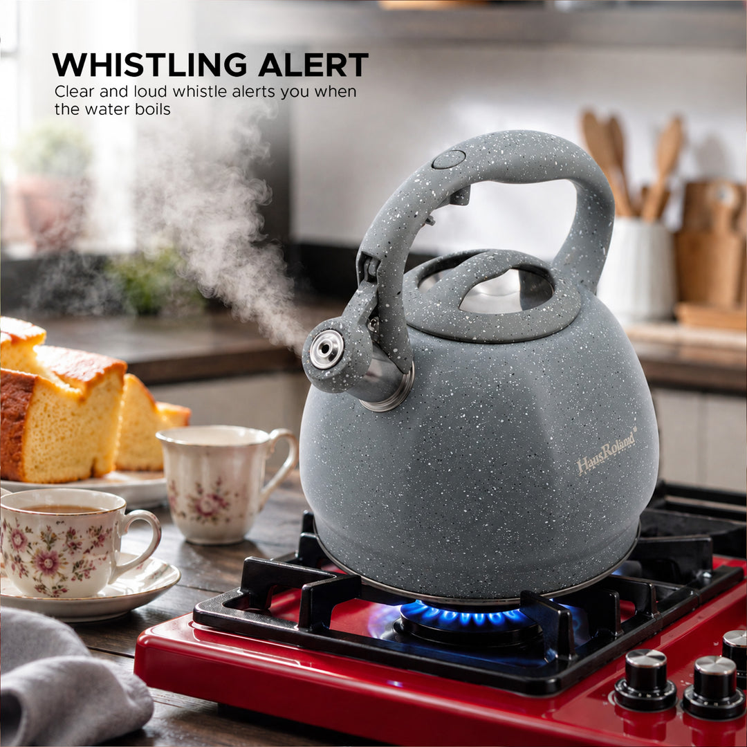 Haus Roland Whistling Kettle, Stovetop Tea Kettle, Stainless Teapot, 3 Liters with Dotted Grain Handles, Fast Boiling, Perfect for Homes, Picnics, and Parties