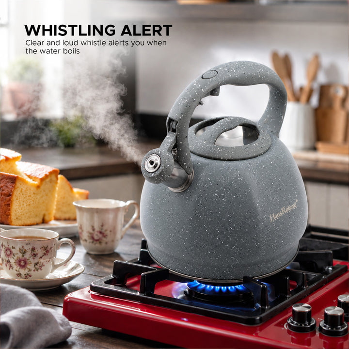 Haus Roland Whistling Kettle, Stovetop Tea Kettle, Stainless Teapot, 3 Liters with Dotted Grain Handles, Fast Boiling, Perfect for Homes, Picnics, and Parties