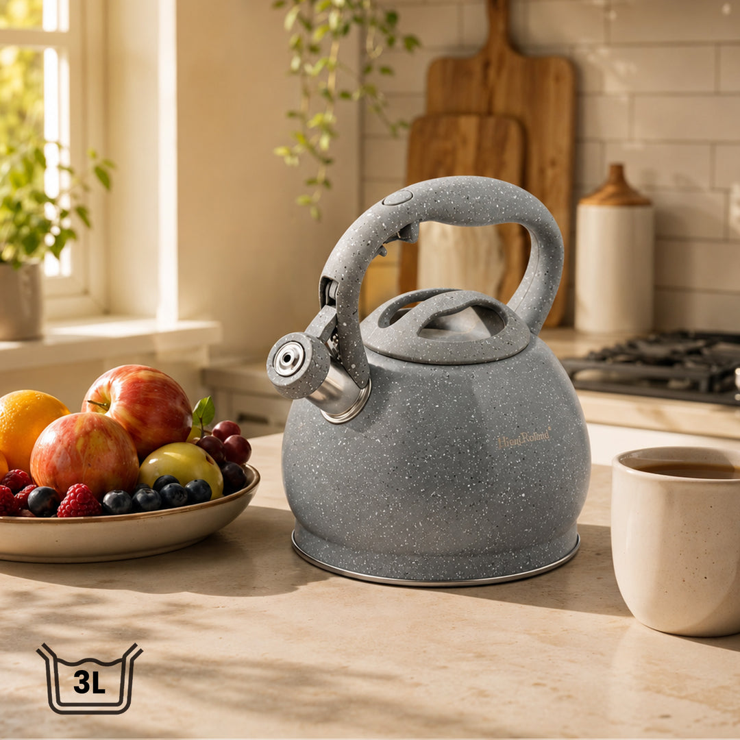 Haus Roland Whistling Kettle, Stovetop Tea Kettle, Stainless Teapot, 3 Liters with Dotted Grain Handles, Fast Boiling, Perfect for Homes, Picnics, and Parties