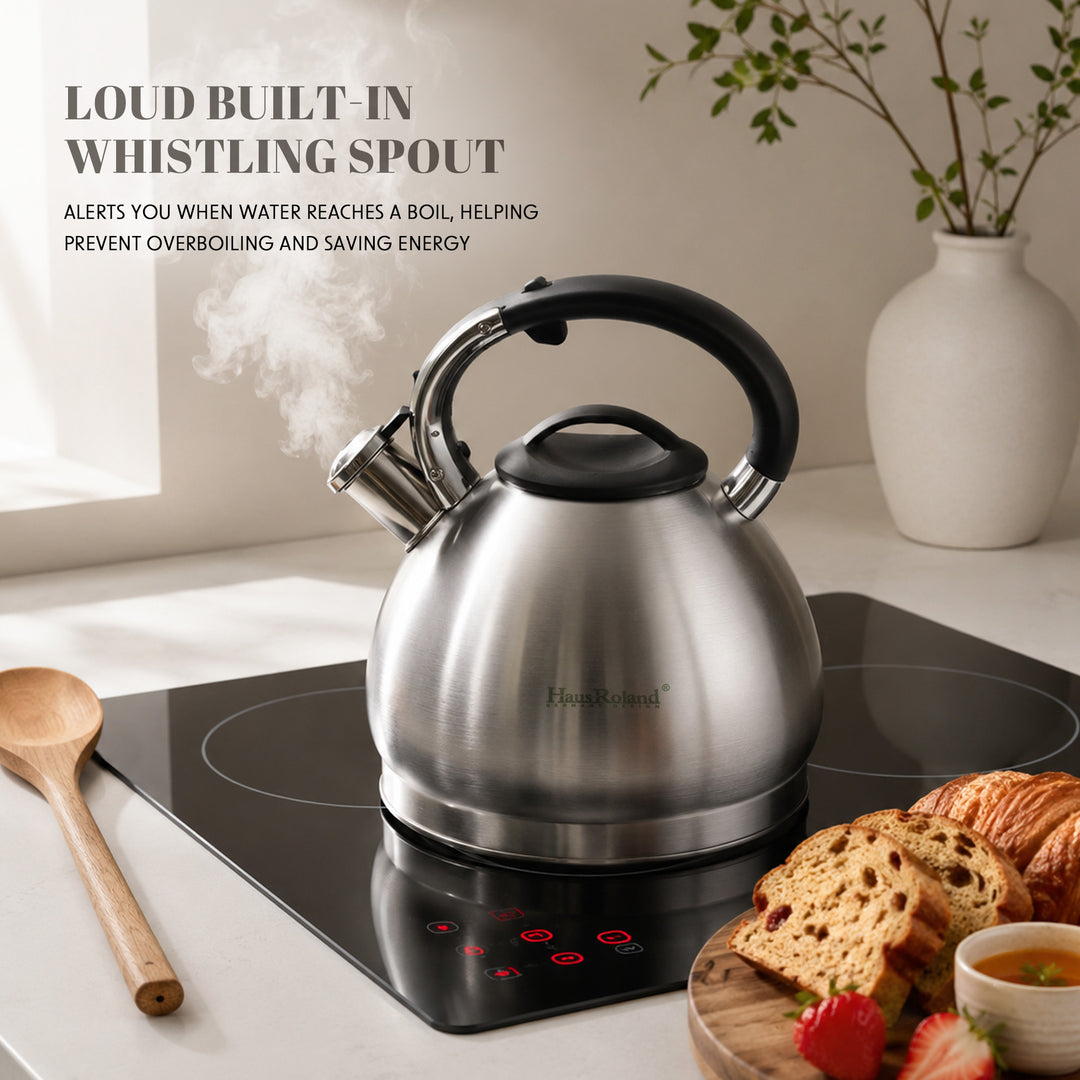 Haus Roland Whistling Kettle, 5L Stainless Steel, Teapot, Heat Resistant Handle, Ergonomic Pouring Spout, Compatible with Gas, Electric, Hot Plate, Halogen, Ceramic Tops, Kitchen Utensil
