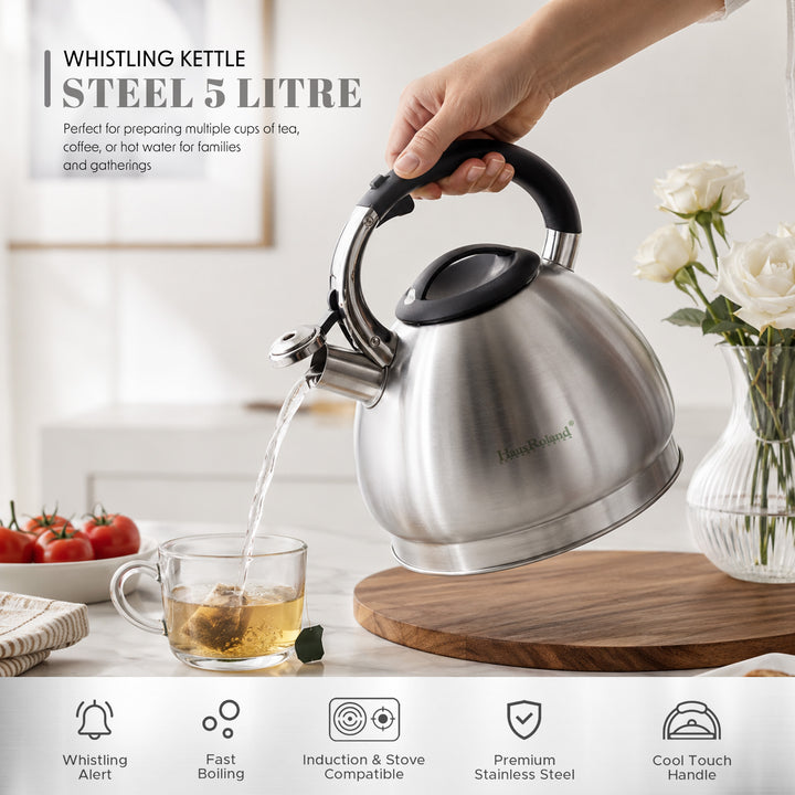 Haus Roland Whistling Kettle, 5L Stainless Steel, Teapot, Heat Resistant Handle, Ergonomic Pouring Spout, Compatible with Gas, Electric, Hot Plate, Halogen, Ceramic Tops, Kitchen Utensil