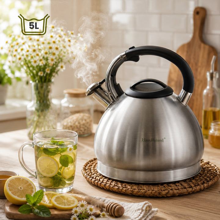Haus Roland Whistling Kettle, 5L Stainless Steel, Teapot, Heat Resistant Handle, Ergonomic Pouring Spout, Compatible with Gas, Electric, Hot Plate, Halogen, Ceramic Tops, Kitchen Utensil