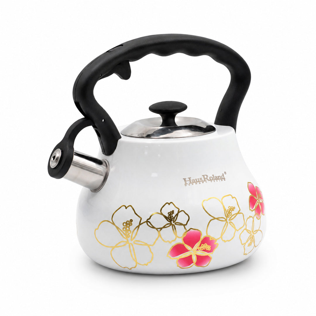 Haus Roland Whistling Tea Kettle, 3 Litre, Stainless Steel Teapot, with Floral Pattern, Nylon Handle, Ergonomic Button, Whistling Spout, Cool Touch, Fast Boiling Kitchen Utensil