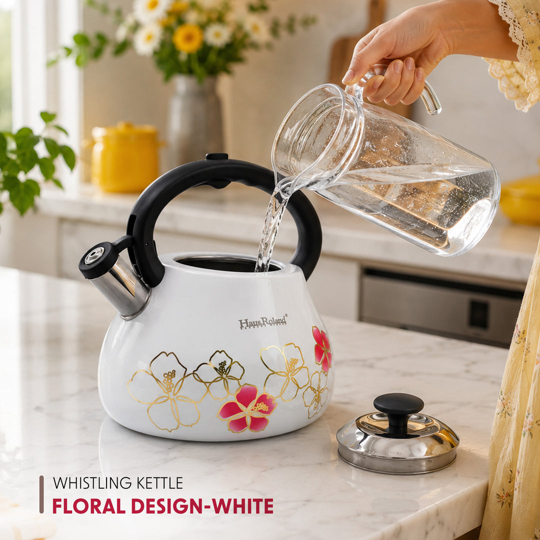 Haus Roland Whistling Tea Kettle, 3 Litre, Stainless Steel Teapot, with Floral Pattern, Nylon Handle, Ergonomic Button, Whistling Spout, Cool Touch, Fast Boiling Kitchen Utensil