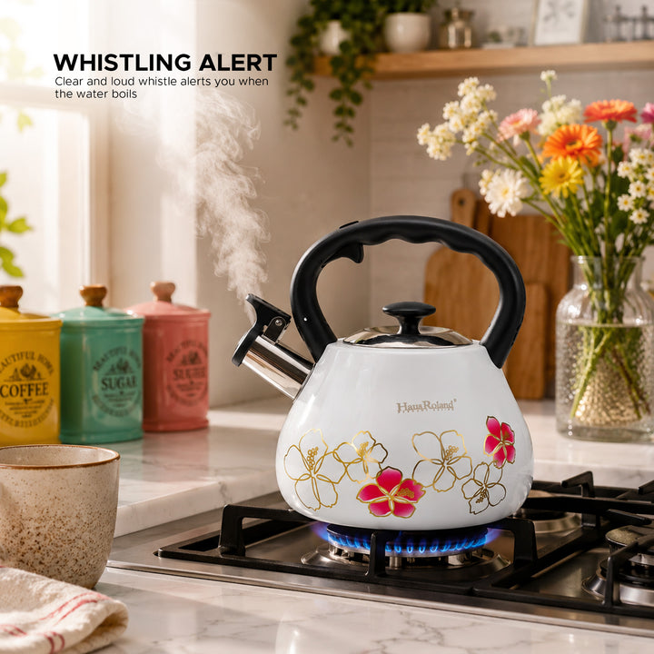 Haus Roland Whistling Tea Kettle, 3 Litre, Stainless Steel Teapot, with Floral Pattern, Nylon Handle, Ergonomic Button, Whistling Spout, Cool Touch, Fast Boiling Kitchen Utensil